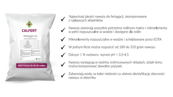 W pełni rozpuszczalne nawozy do fertygacji z serii Fertygold firmy Calfert.