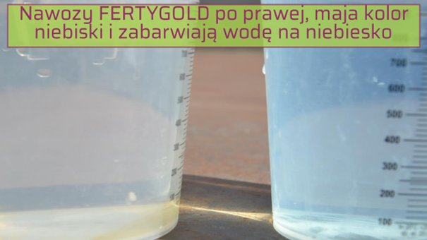 Nawozy Fertygold firmy Calfert zabarwiają wodę na niebiesko.